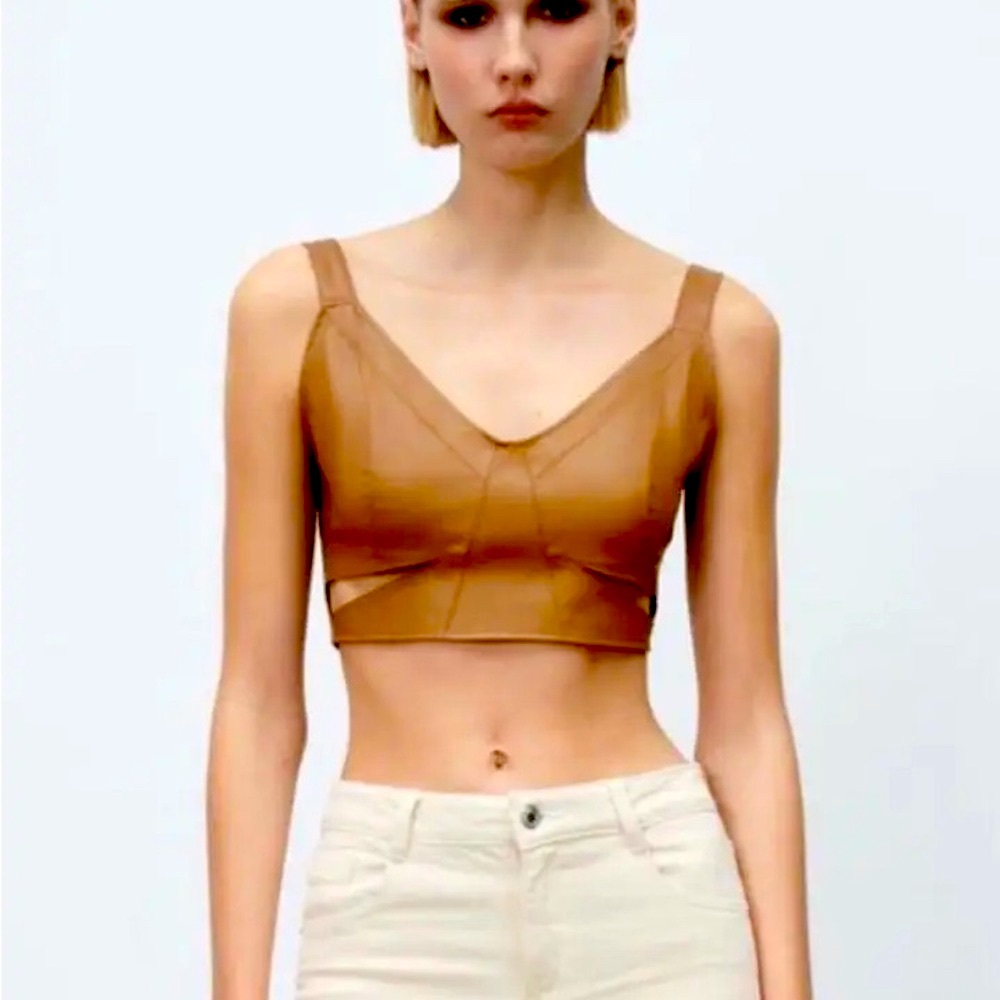 Zara Faux Leather Crop Top Bralette Brown Size Medium